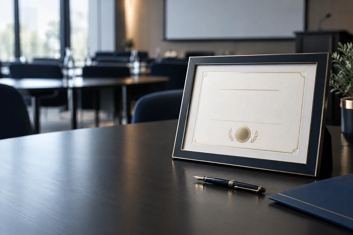 Hochwertig gestaltetes Zertifikat in einer professionellen Arbeitsumgebung