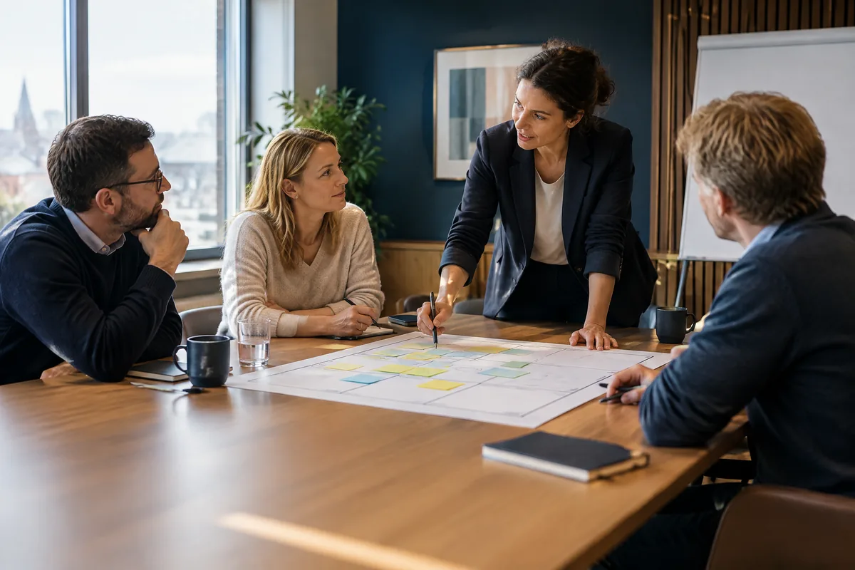 Unternehmensteam arbeitet mit einem Trainer an einem Workshop