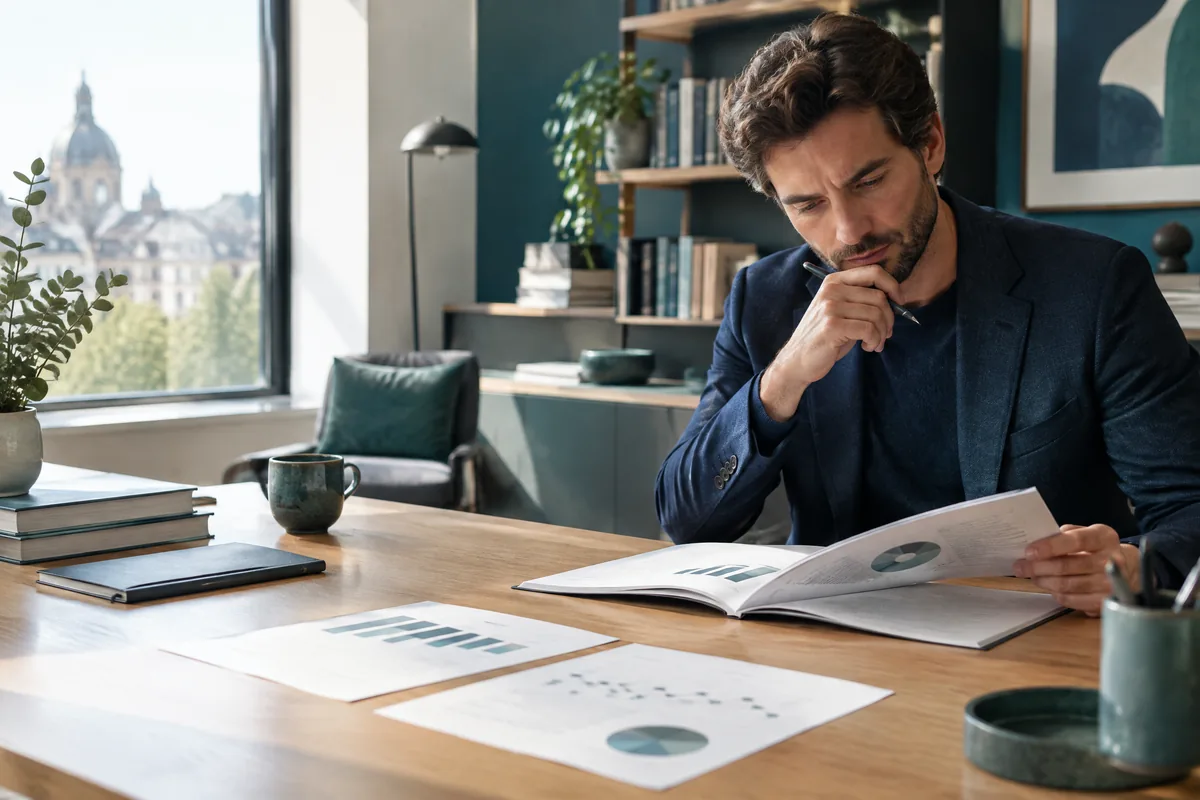 Professional liest und analysiert Fachinformationen am Arbeitsplatz