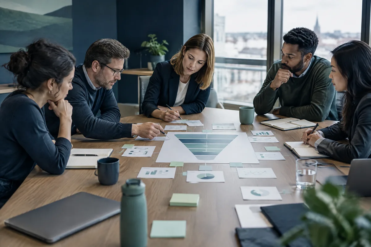 Cross-funktionales Team arbeitet an einem Revenue-Funnel